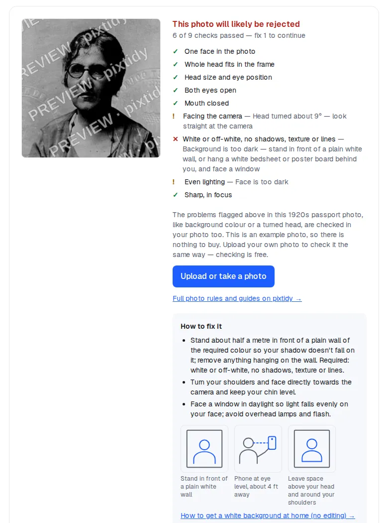 pixtidy photo checker widget showing a checklist for an example photo